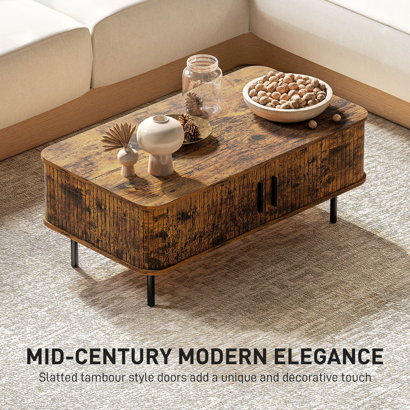 Wooden Coffee Table With Sliding Tambour Doors And Storage Shelf For Living Room Rustic Brown