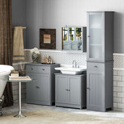 Tall Bathroom Storage Cabinet with Drawer and 3 Tier Shelves Slim Freestanding Unit Grey