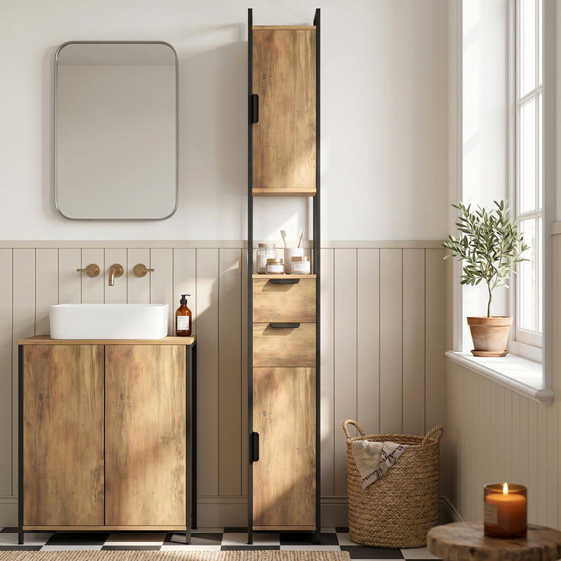 Slim Bathroom Storage Cabinet for Small Spaces with Adjustable Shelves Brown Black