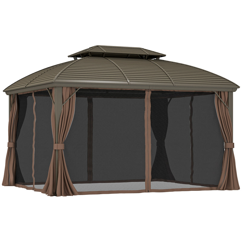 3.65 x 3m Hardtop Steel Gazebo with Aluminium Frame Double Roof Net Sidewalls and Curtains Coffee by Outsunny