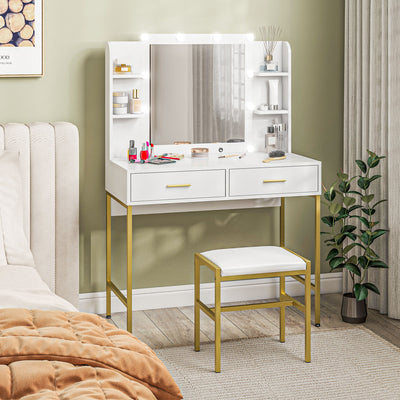 LED Makeup Vanity Table Set with Mirror Drawers and Stool for Bedroom Storage White