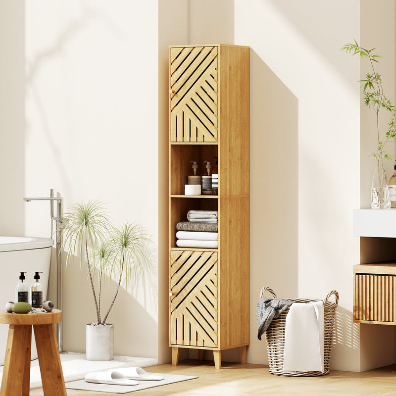 Tall Bathroom Storage Cabinet With Shelves and Cupboard Ideal for Small Spaces, Natural