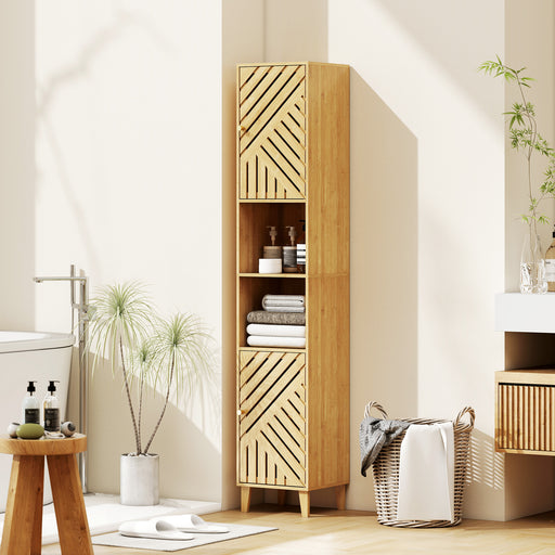 Tall Bathroom Storage Cabinet With Shelves and Cupboard Ideal for Small Spaces, Natural