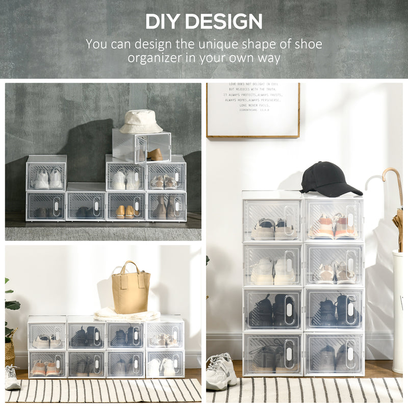 8 Piece Clear Plastic Stackable Shoe Storage Boxes with Magnetic Doors for UK EU Size 8.5 by HOMCOM