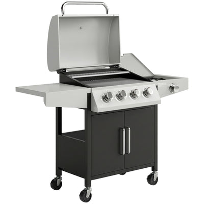 4 Burner Gas BBQ Grill with Side Burner and Warming Rack for Easy Outdoor Cooking Black Outsunny