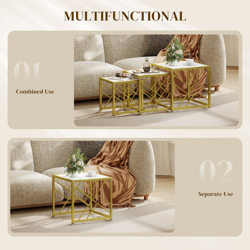 Coffee Tables, Nesting Coffee Tables for Living Room Set of 3 - Gold Metal Frame & White Tops