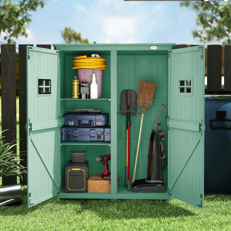 Small Wooden Garden Storage Shed With Shelves and Tall Tool Compartment Weather Resistant Green