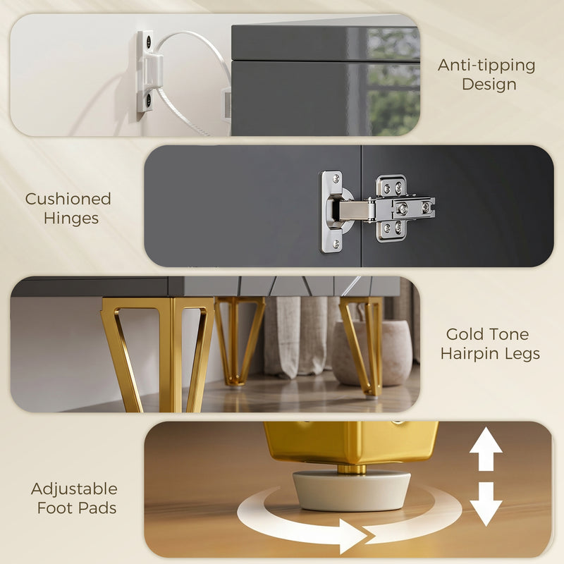 Sideboard with Adjustable Shelf for Living Room Storage High Gloss Grey Gold Tone