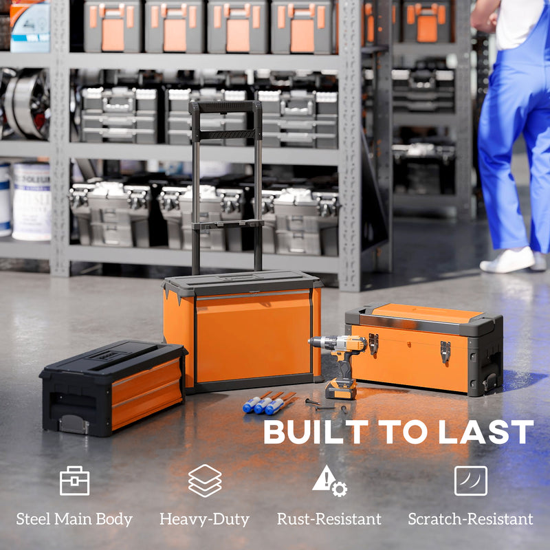 3 in 1 Stackable Rolling Tool Box Orange With Wheels For Easy Garage Organisation
