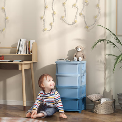 Four Tier Kids Storage Unit With Removable Drawers For Toys And Books Blue