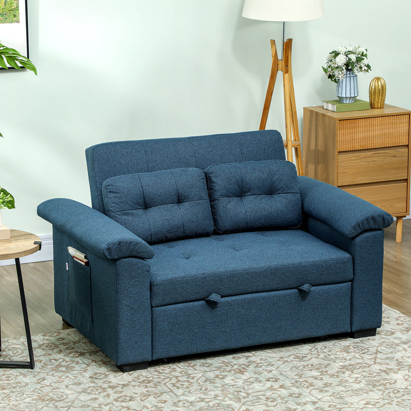 Blue 2 Seater Click Clack Sofa Bed with Side Pockets and Pillows by HOMCOM