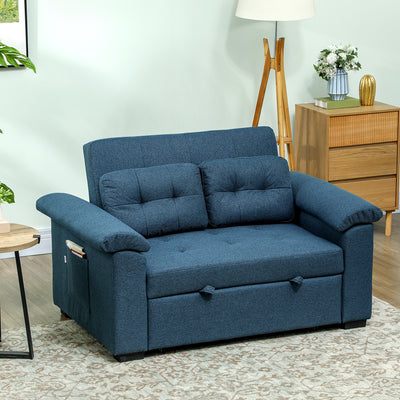 Blue 2 Seater Click Clack Sofa Bed with Side Pockets and Pillows by HOMCOM