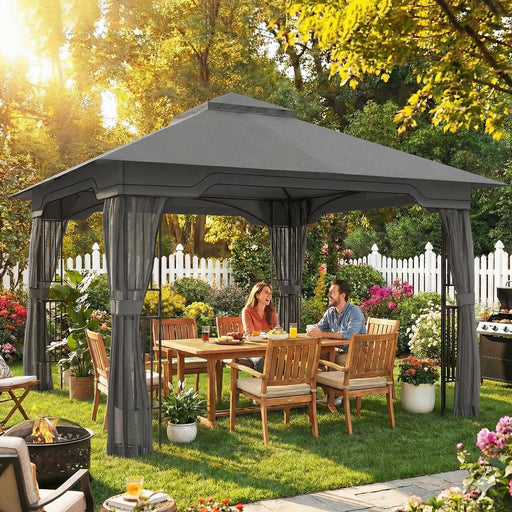 3.3 x 3.3m Metal Gazebo with Mesh Sides for Cool Shaded Outdoor Relaxing and Dining, UPF50+ Dark Grey Outsunny