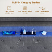 Double Floating Bed Frame with LED Lights, Charging Ports and Storage Shelves, Grey Homcom