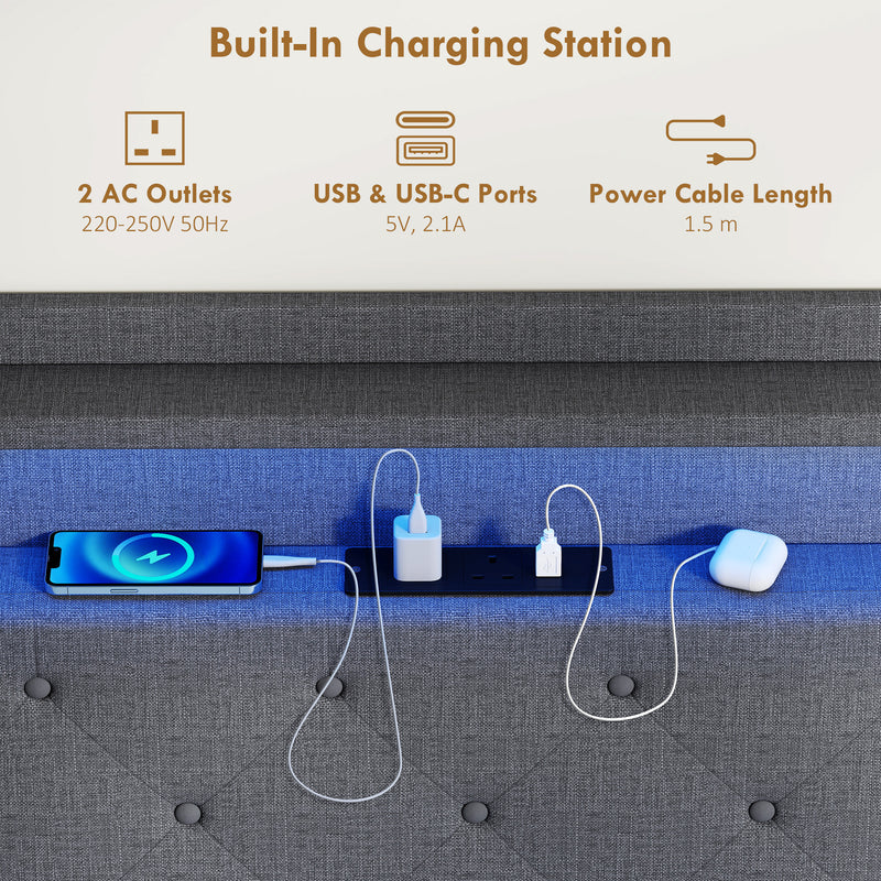 Double Floating Bed Frame with LED Lights, Charging Ports and Storage Shelves, Grey Homcom