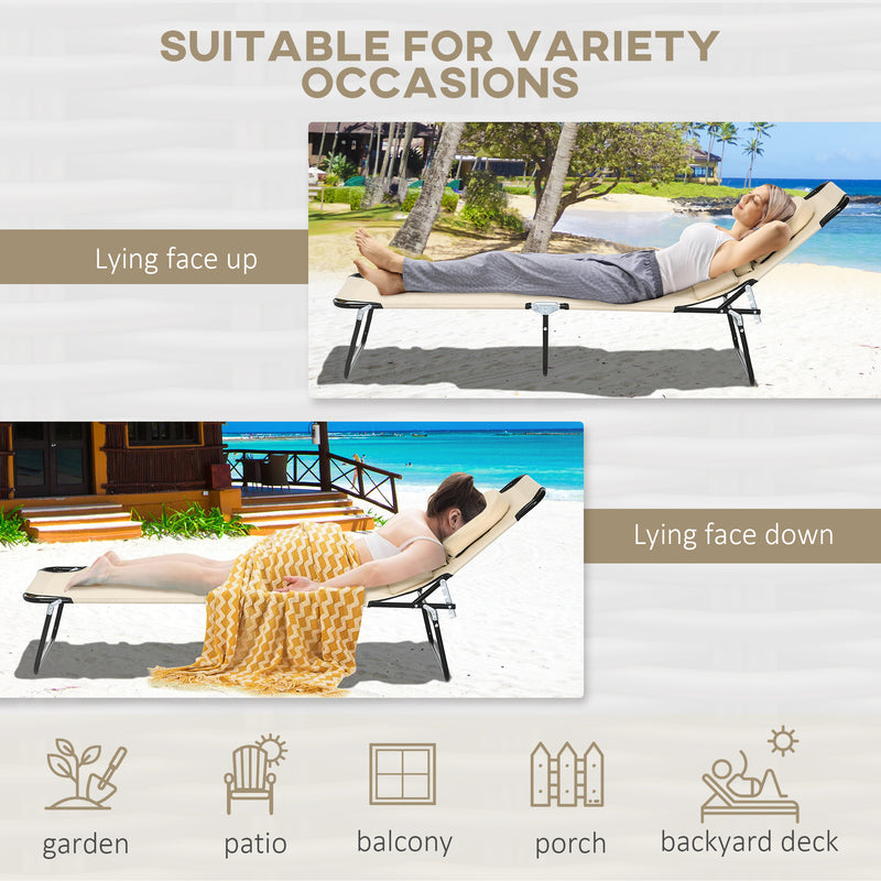 Set of 2 Folding Sun Loungers with Face Hole and Adjustable Backrest for Garden Use , Beige Outsunny