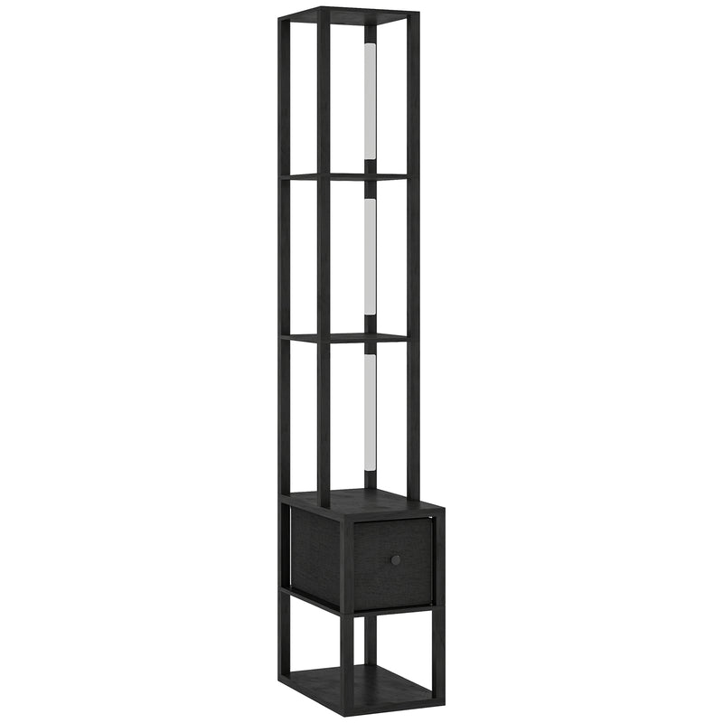Modern LED Floor Lamp With Shelves and Fabric Drawer For Living Room or Bedroom, Black