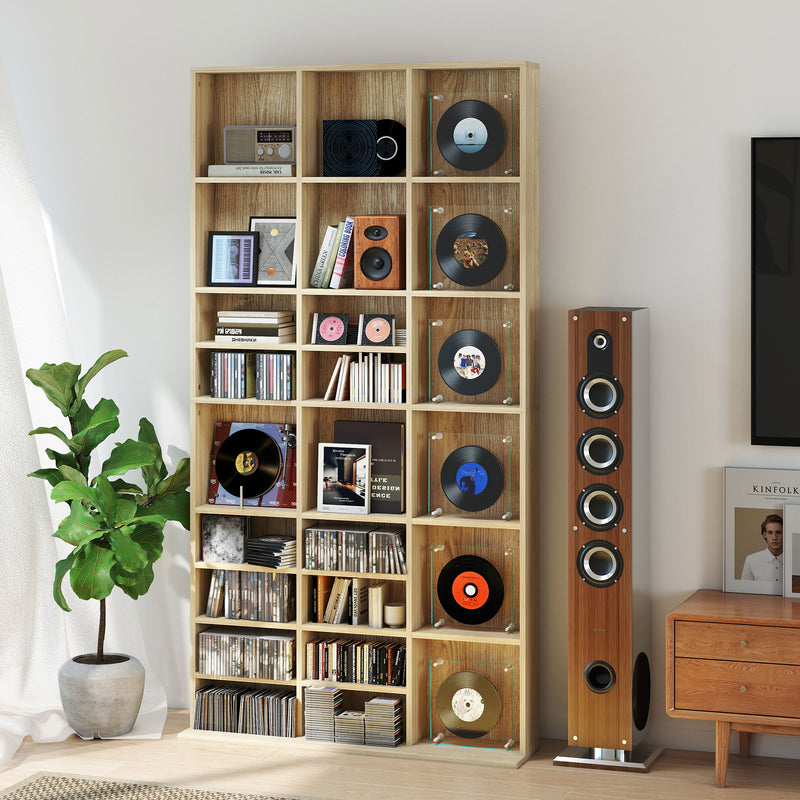 Tall CD Storage Cabinet with Adjustable Shelves for Home or Office Use Oak Tone