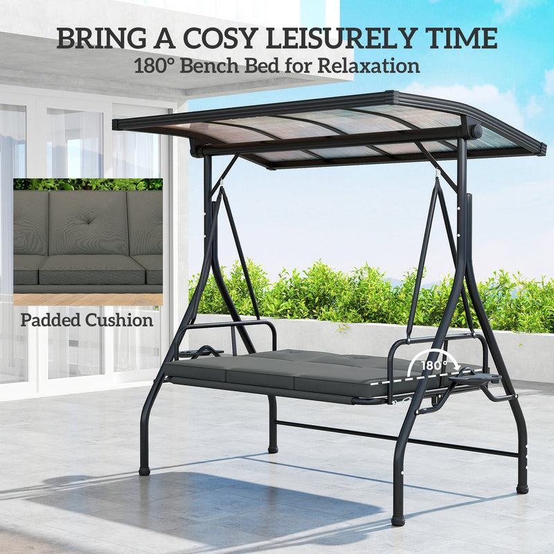 3 Seater Garden Swing Seat Bed with Adjustable Canopy and Cushion Dark Grey by Outsunny