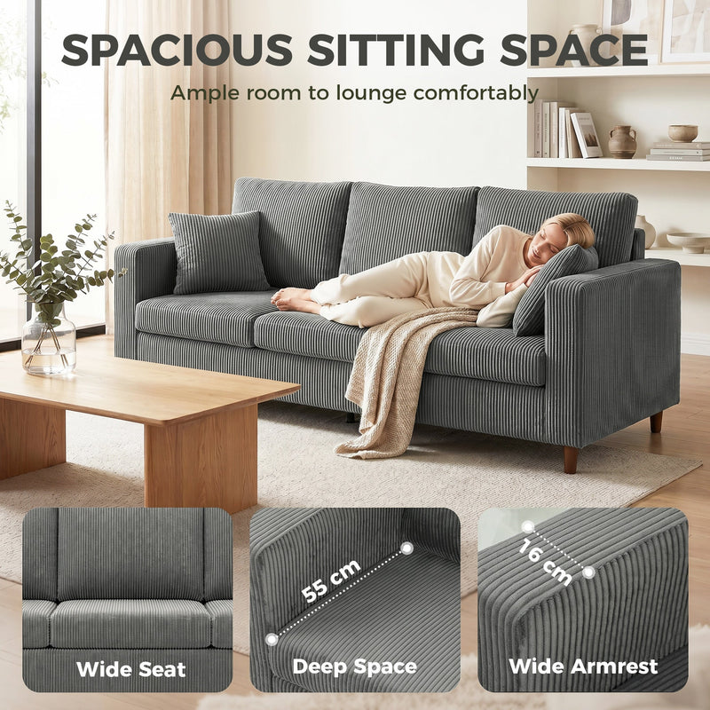 Three Seater Sofa for Spacious Family Lounging with Deep Cushions and Corduroy Fabric