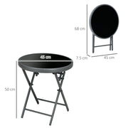 Black Round Folding Garden Table With Marble Effect Glass Top For Patio Or Balcony