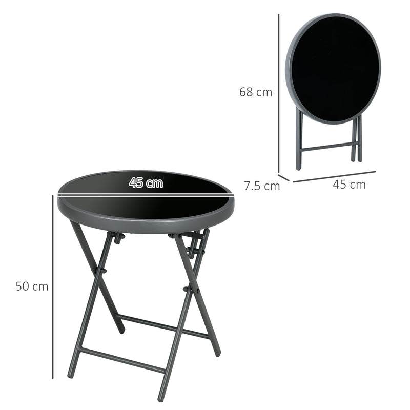 Black Round Folding Garden Table With Marble Effect Glass Top For Patio Or Balcony
