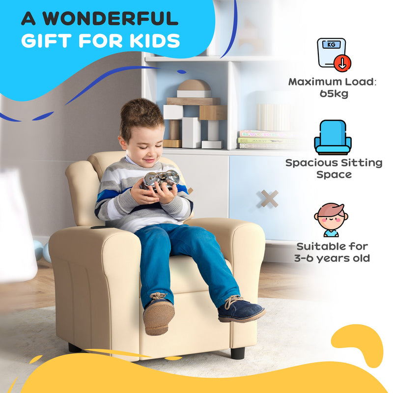 Kids Recliner Chair PU Leather with Adjustable Backrest Footrest and Padded Headrest Beige by HOMCOM