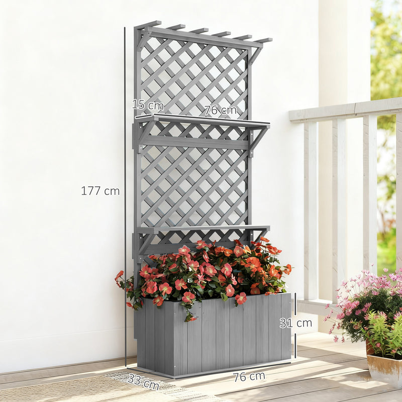 Wooden Garden Planter with Trellis and Shelves for Climbing Plants 52L Capacity Grey Outsunny