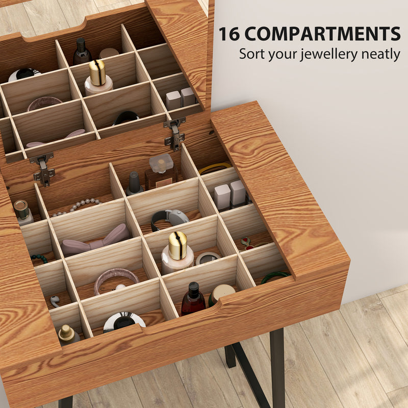Industrial Vanity Desk with Flip Up Mirror and 16 Storage Compartments for Bedroom, Natural Wood Effect