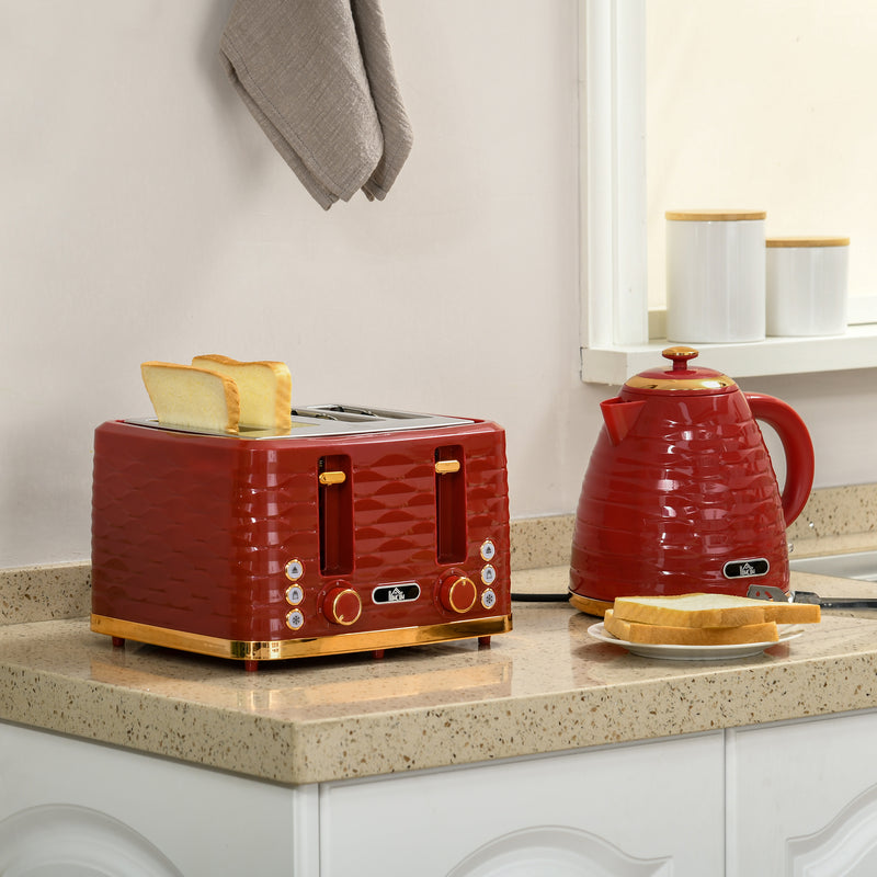 3000W Rapid Boil Kettle and 4 Slice Toaster Set with Browning Control Red