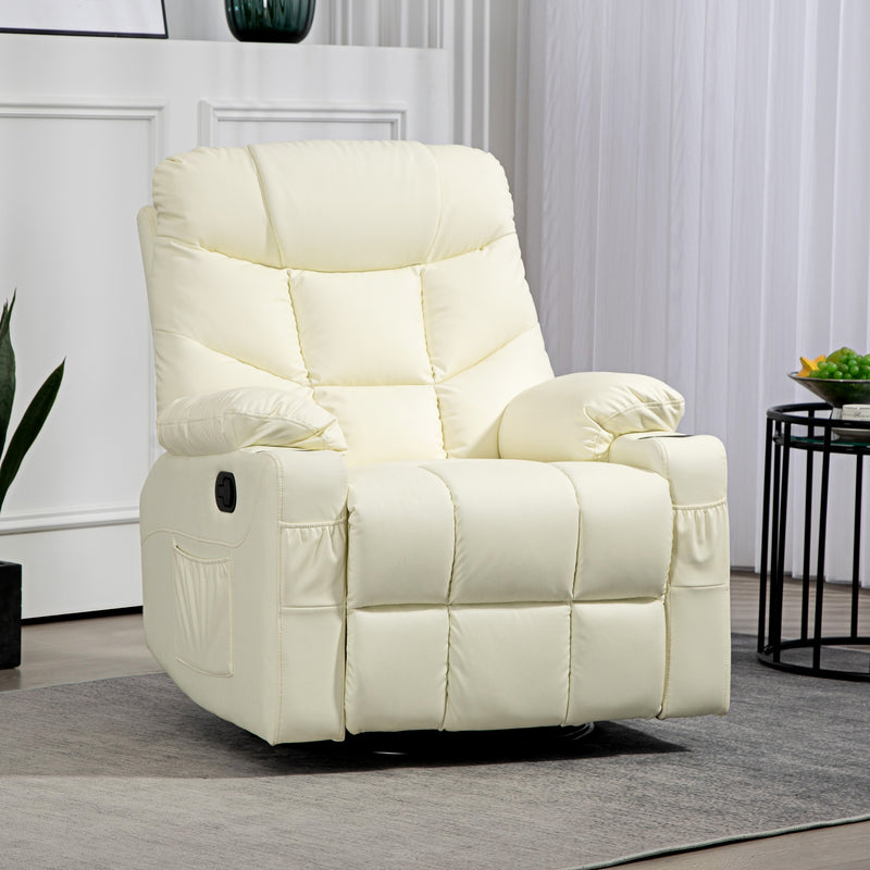 Manual Reclining Swivel Armchair With Footrest And Cup Holders For Lounge Use, Cream