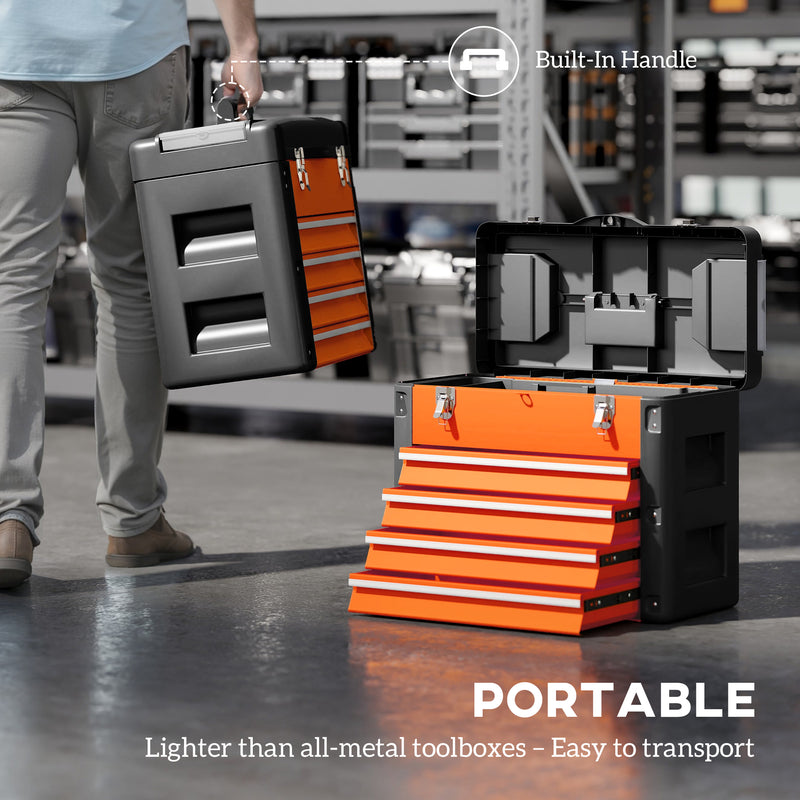 Large Orange Metal Toolbox With 4 Drawers For Organised Garage Or Workshop Storage AOSOM