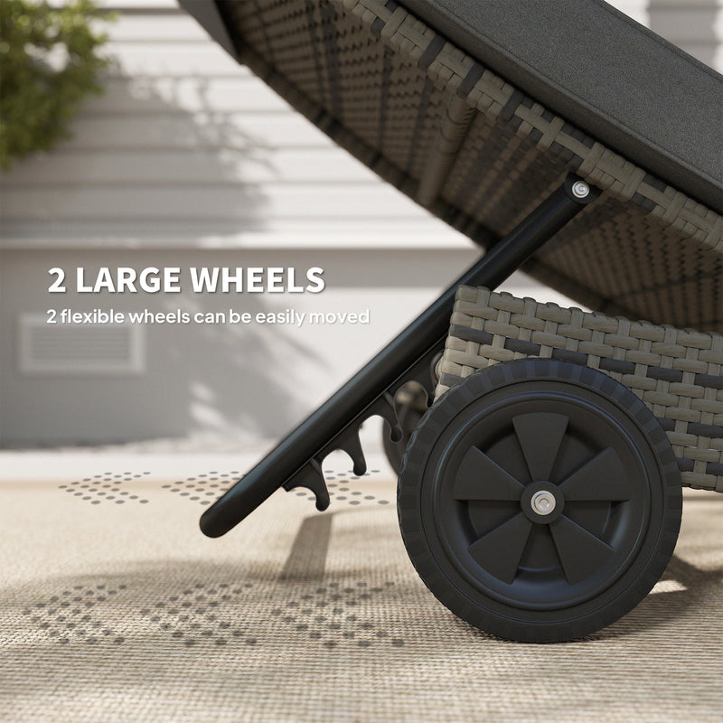 Dark Grey Rattan Sun Lounger With Adjustable Backrest and Wheels by Outsunny