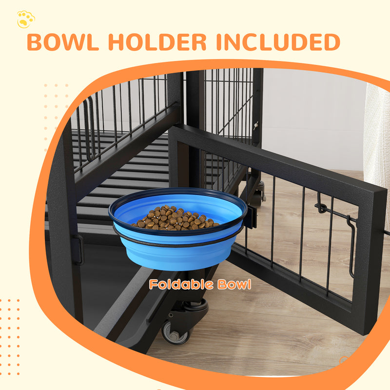 Heavy Duty Dog Crate with Wheels Bowl Holder and Removable Tray for Large Dogs Black