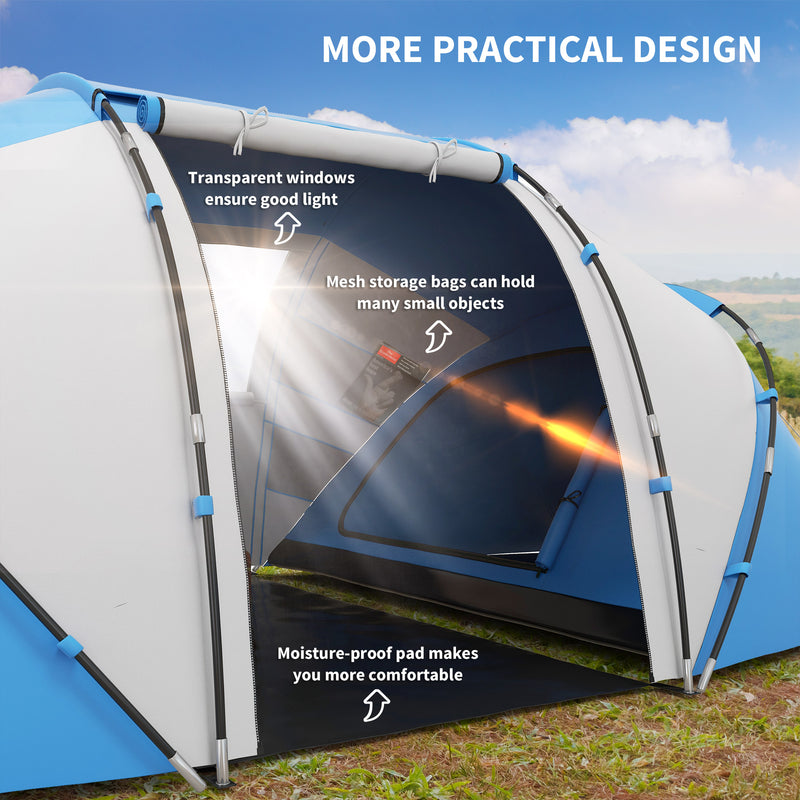 Outsunny 4 Man Camping Tent, UV Protection Tunnel Tent with 2 Bedrooms and Living Area, Large Hiking Sun Shelter, 430 x 240 x 170 cm, Blue and White