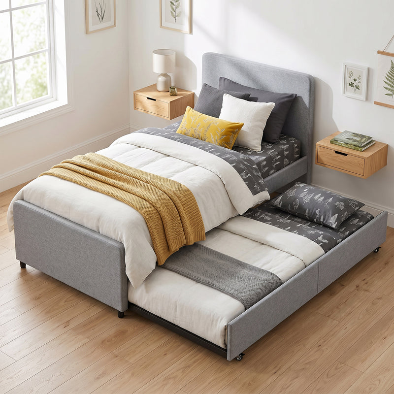 Pull Out Guest Bed Frame with Trundle for Small Spaces Upholstered Backrest