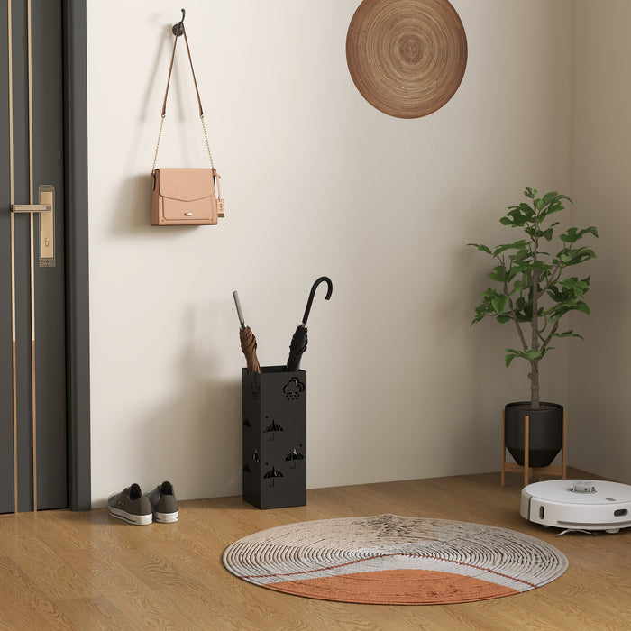 Black Metal Umbrella Stand with Drip Tray and Hooks for Hallway and Entryway by HOMCOM