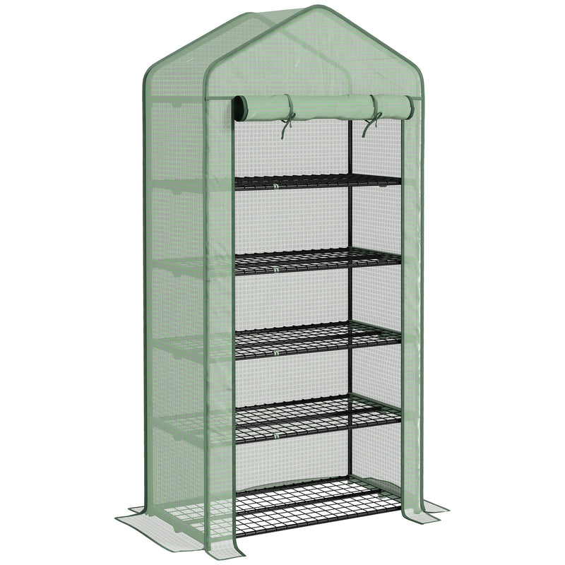 5 Tier Portable Mini Greenhouse with Roll Up Door and Shelves for Indoor Outdoor Use Green
