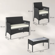 Rattan Garden Furniture Set for 4 with Cushions and Glass Coffee Table Cream White Outsunny
