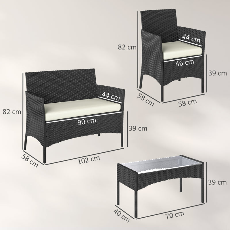 Rattan Garden Furniture Set for 4 with Cushions and Glass Coffee Table Cream White Outsunny