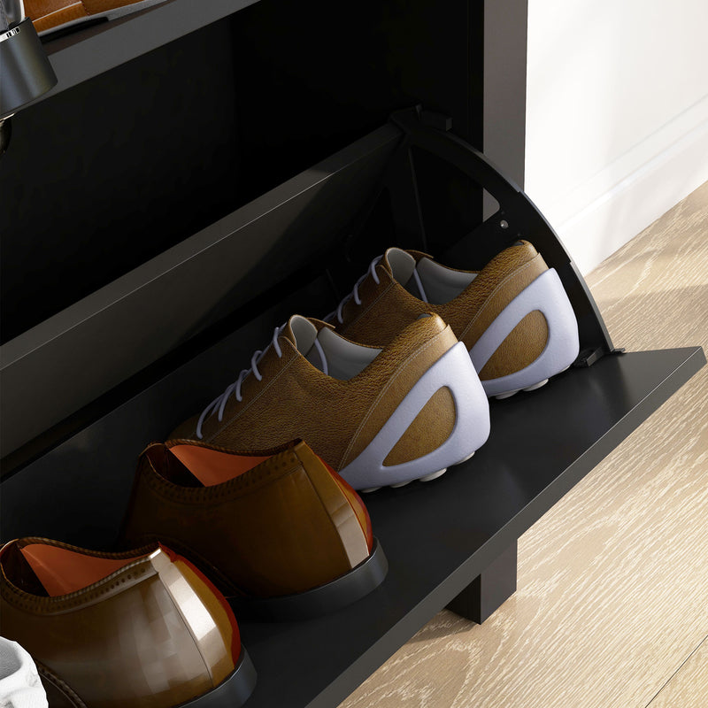 2 Drawer Wooden Shoe Cabinet With Flip Doors Fits 12 Pairs Ideal For Hallways, Black