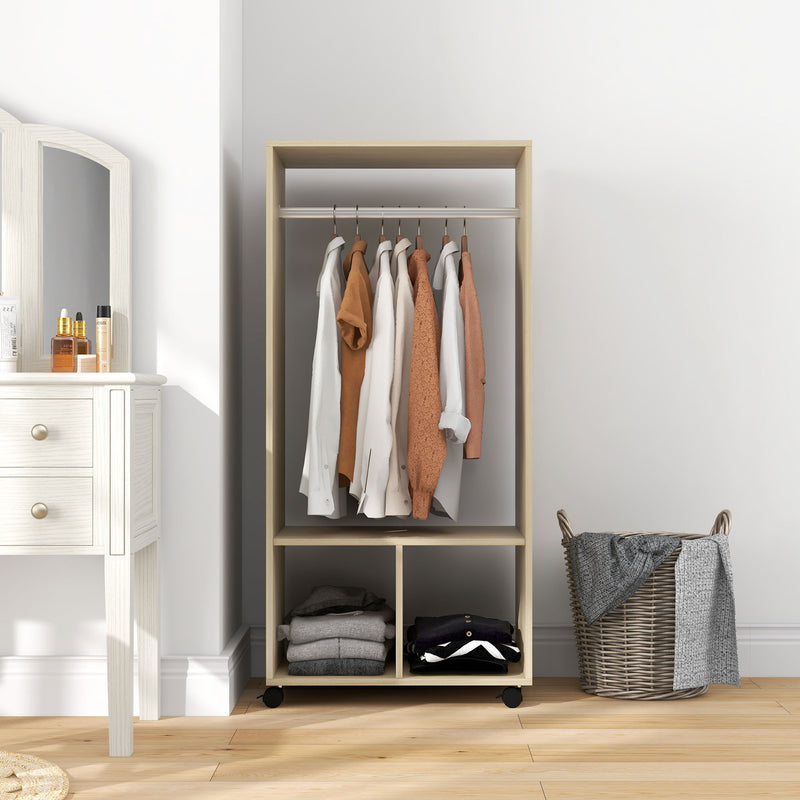 HOMCOM Open Wardrobe on Wheels, Bedroom Wardrobe with Clothes Hanging Rail, 2 Storage Shelves, Mobile Garment Rack for Cloakroom, Hallway, Natural AOSOM