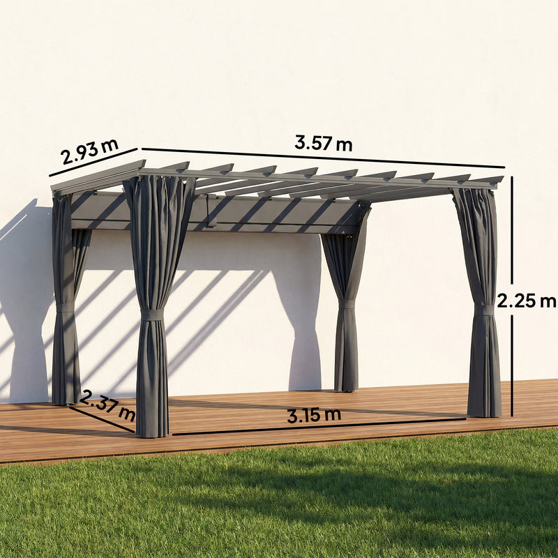 3.6 x 3m Metal Garden Pergola with Retractable Canopy and Curtains for Shaded Outdoor Dining, Dark Grey
