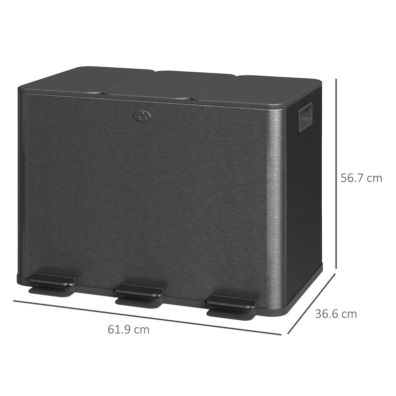 Triple Kitchen Bin 60LWith Soft Close Lids And Removable Inner Buckets Black