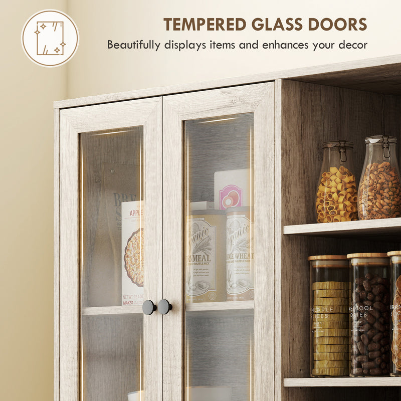 Multi Storage Kitchen Cabinet With Glass Doors And Adjustable Shelves For Home Use Grey