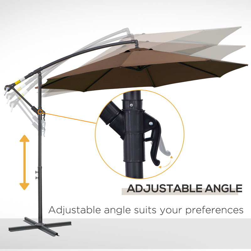 Brown 2.45m Cantilever Garden Parasol Waterproof Overhanging Umbrella With Cross Base