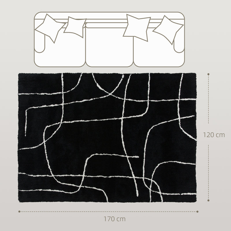 Soft High Pile Washable Area Rug With Geometric Design For Living Room or Bedroom, Black