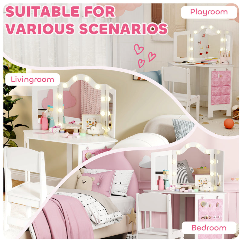 Kids Vanity Table and Stool Set with LED Lights and Folding Mirror for Bedroom White