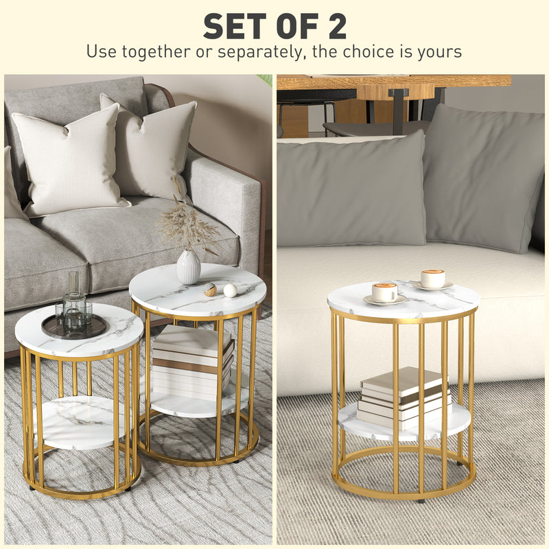 Set of Two White Marble Effect Coffee Tables with Gold Tone Legs by HOMCOM