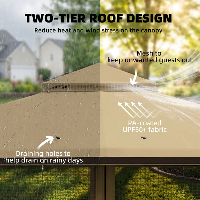 3.3 x 3.3m Metal Garden Gazebo with Mesh Sides for Shade and Insect Protection, Khaki Outsunny